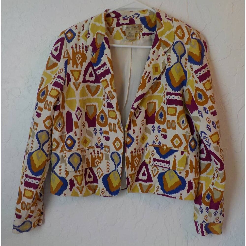 VTG Y2K Multicolor Silk Blazer Women sz Medium Boho Print by Transitions Casual